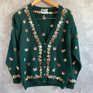 Vintage Cardigan Womens Large Green Floral Embroidered Italy Bella *See Descrip*